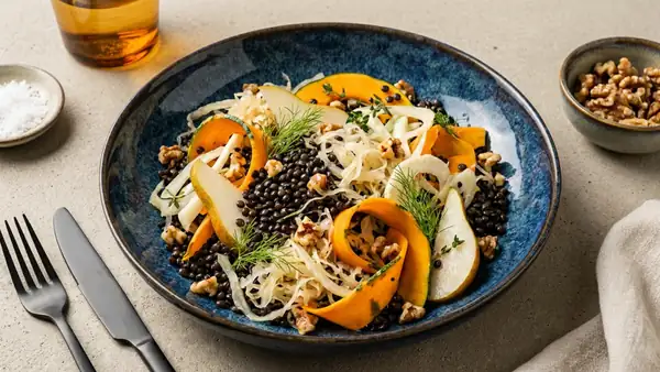 Autumnal lentil and sauerkraut salad with pumpkin and pear