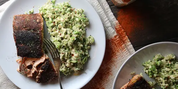 Crispy Skin Blackened Salmon with Warm Slaw