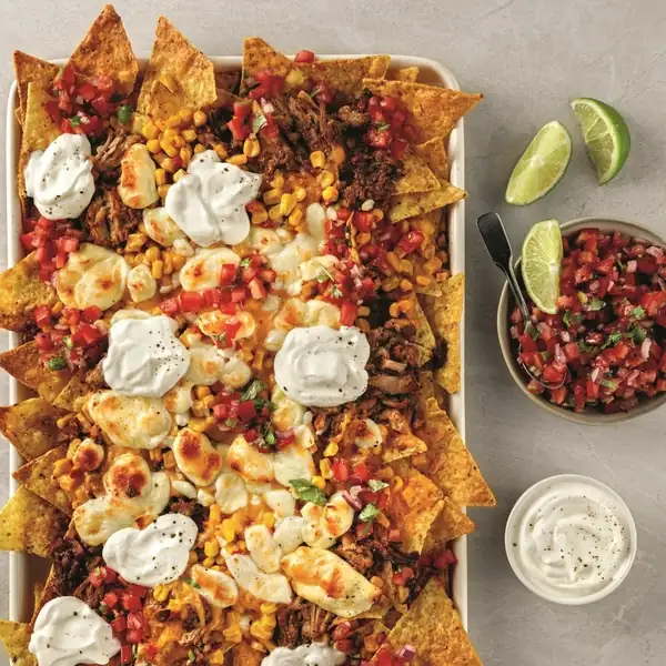 Fully loaded pulled pork nachos