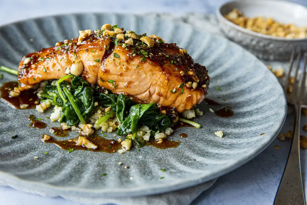 Fried salmon with soy and cauliflower rice