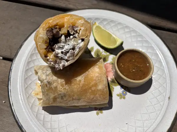 A California burrito is steak, fries, cheese and sour cream in a flour tortilla