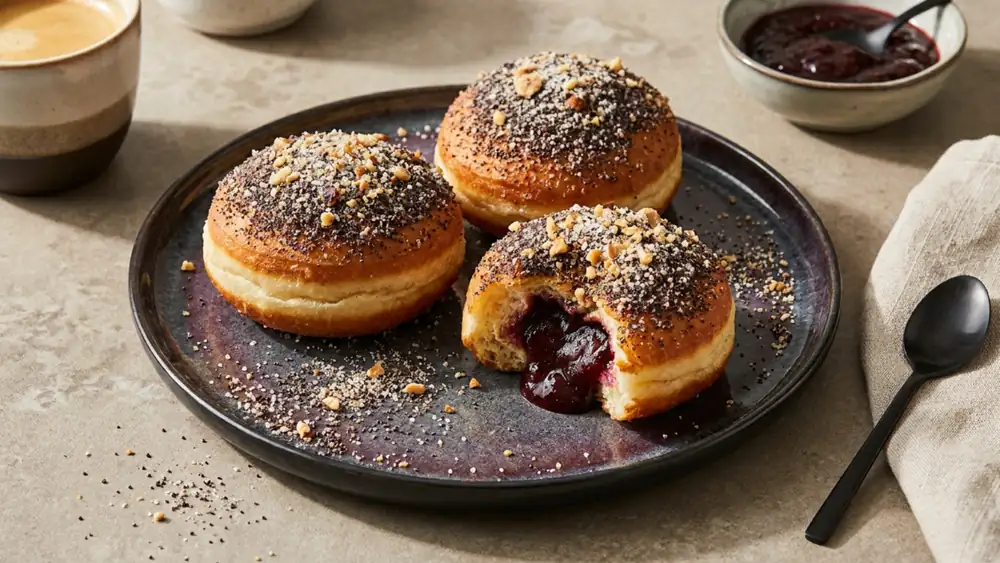 Homemade plum doughnuts rolled in crispy poppy seed sugar