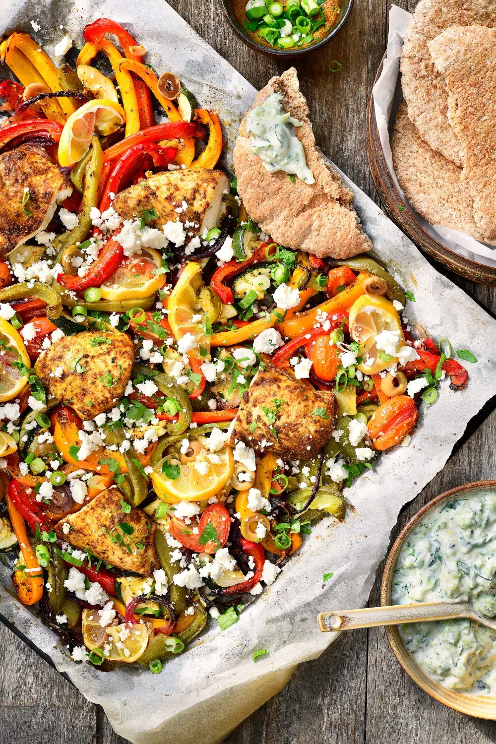Greek gyros traybake with feta and tzatziki