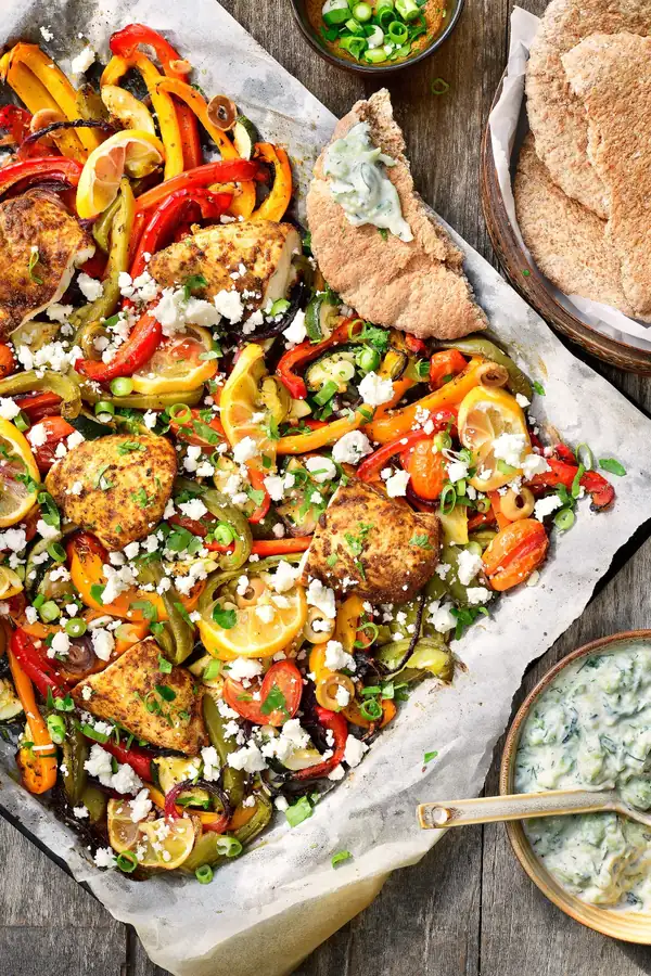 Greek gyros traybake with feta and tzatziki