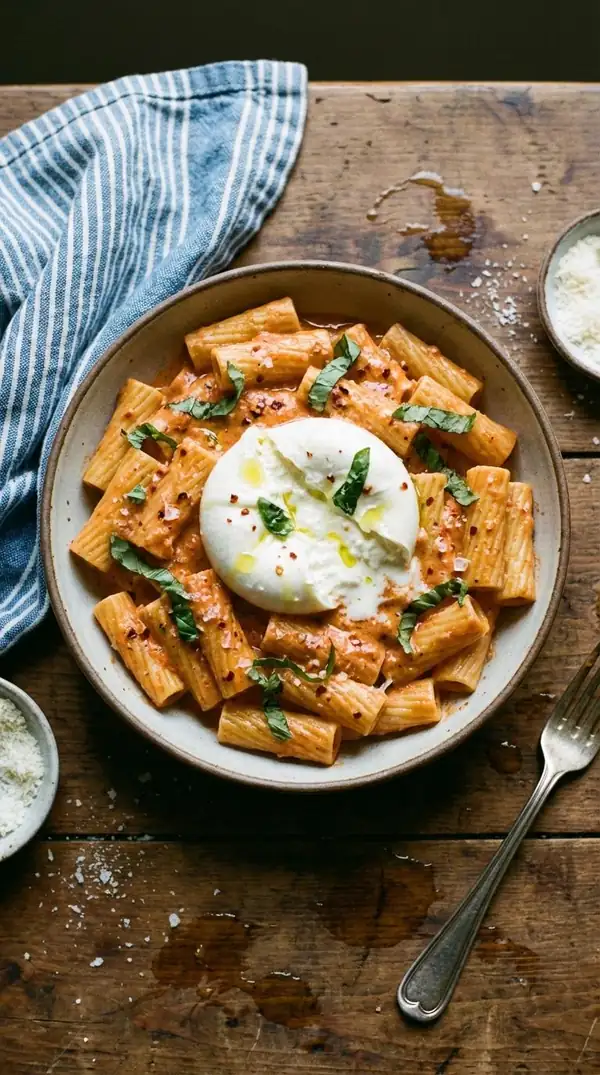 Receta de rigatoni picante con vodka: burrata y hojuelas de chile