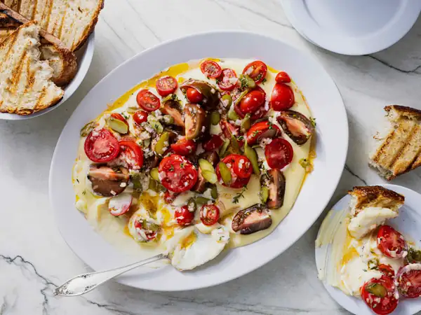 Tomatoes with Fontina Sauce and Cornichon Dressing