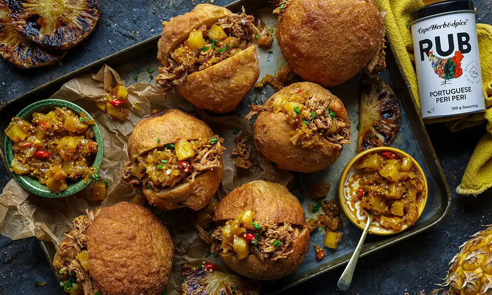 Peri Peri Pulled Pork Vetkoek with Braaied Pineapple Atchar