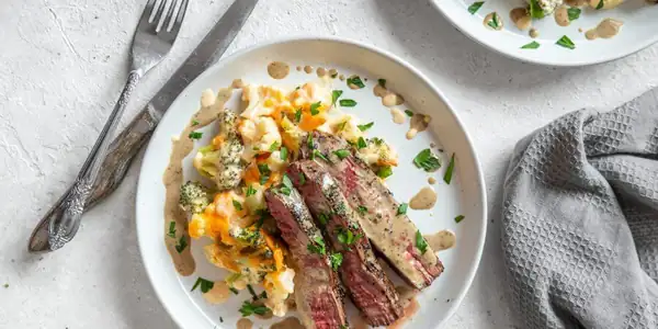 Flank Steak with Gratin and Pepper Sauce