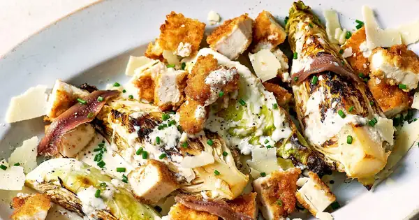 Charred hispi cabbage wedge caesar salad with crispy chicken