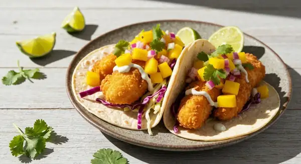 Delicious fish tacos with mango salsa