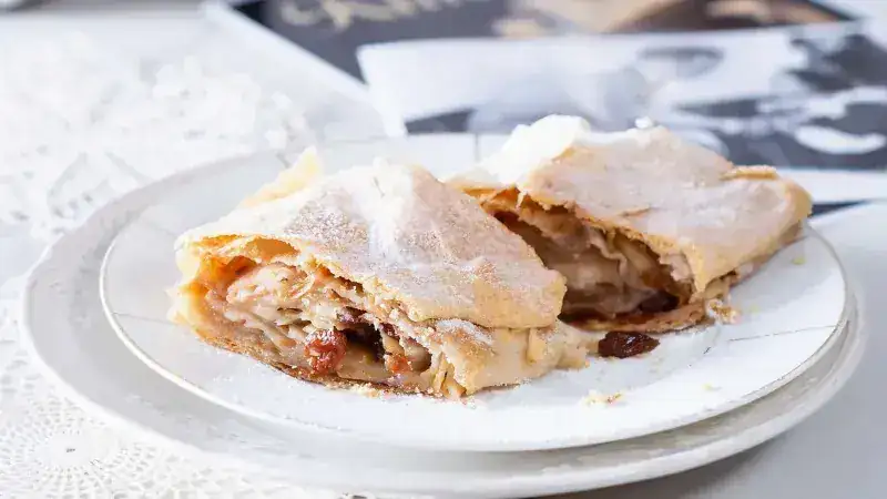 Apple strudel made from puff pastry