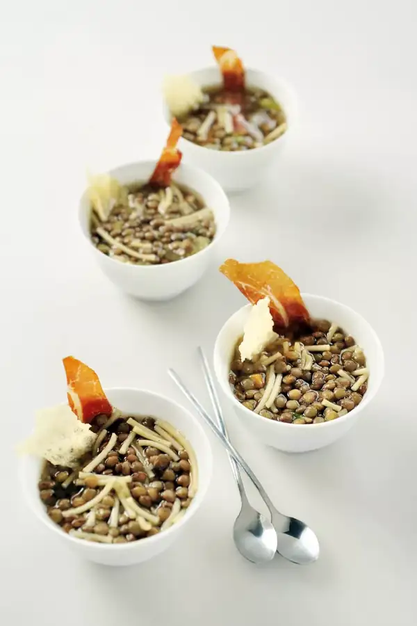 Lentil soup with fine pasta and Parma ham