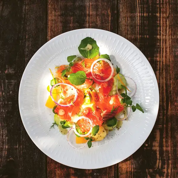Gravlax salad with new potatoes and mustard dressing