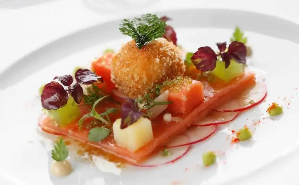Star Anise Marinated Salmon with Flying Fish Ro & Cucumber Jelly