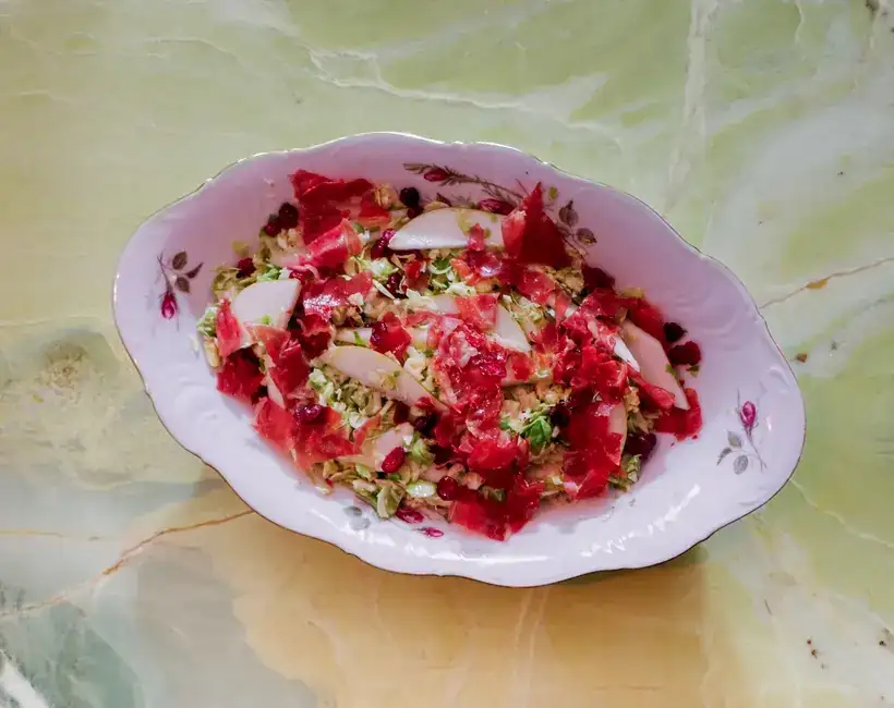 Brussels sprout salad with pear and Parma ham