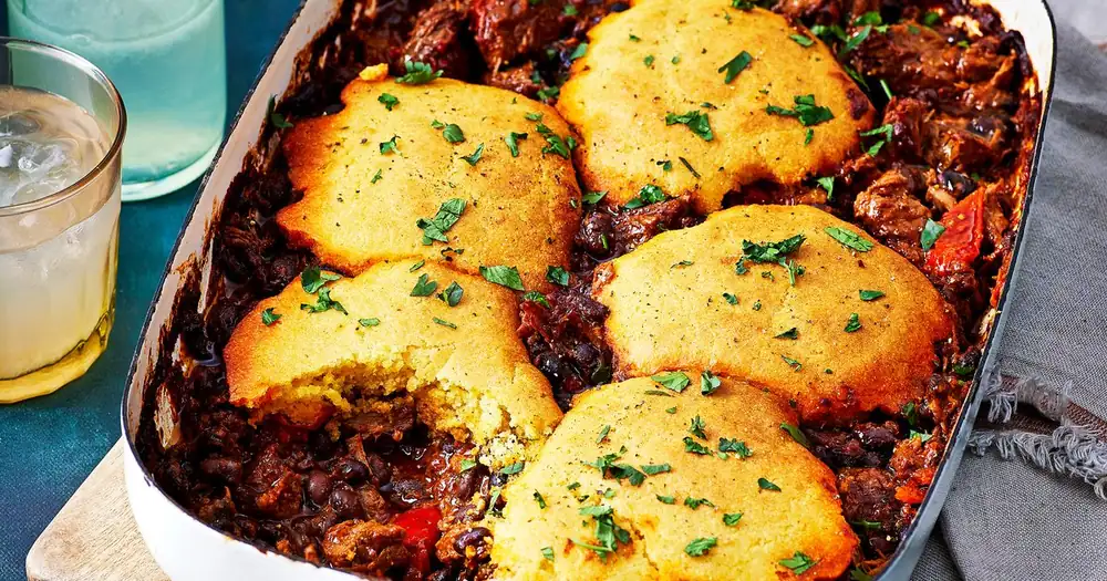 Smoky beef & black bean stew with cornbread dumplings