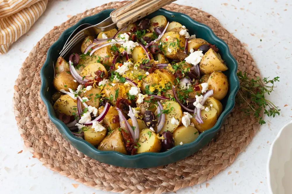 Warm potato salad: Greek potato salad with red onion and feta