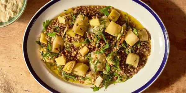 Confit Leeks with Puy Lentils and Leek Cream