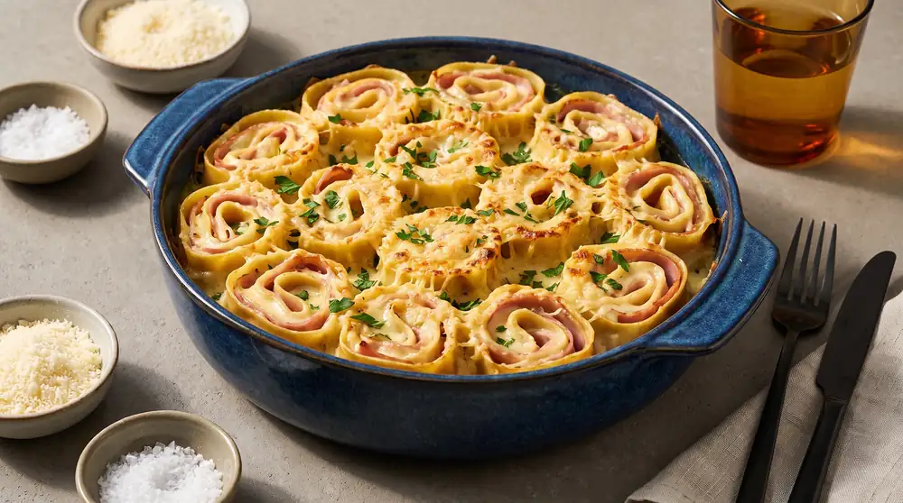 Creamy lasagna rolls with ham and provolone from the oven