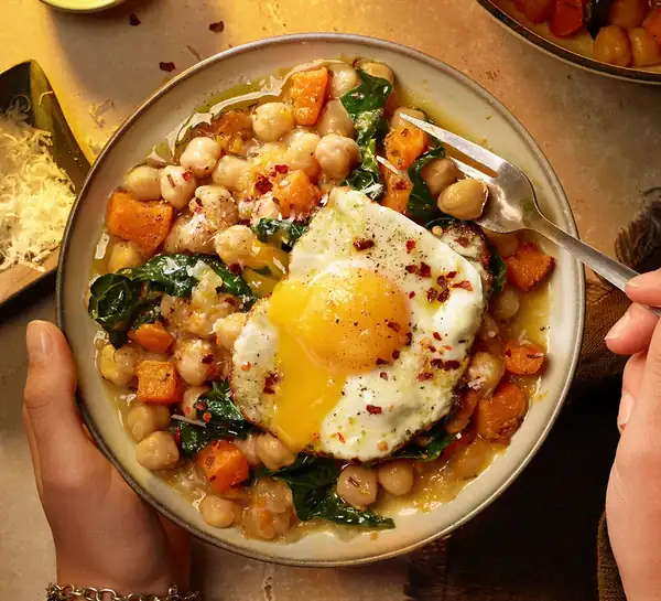 Pumpkin chickpeas & crispy chilli egg