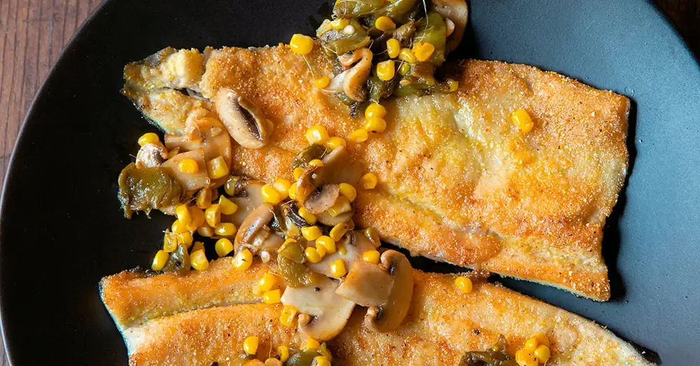 Cornmeal Crusted Walleye with Roasted Corn and Green Chiles