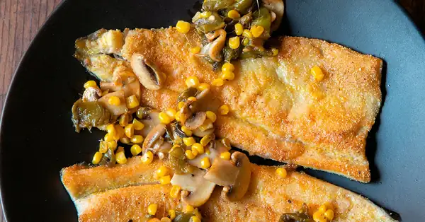 Cornmeal Crusted Walleye with Roasted Corn and Green Chiles