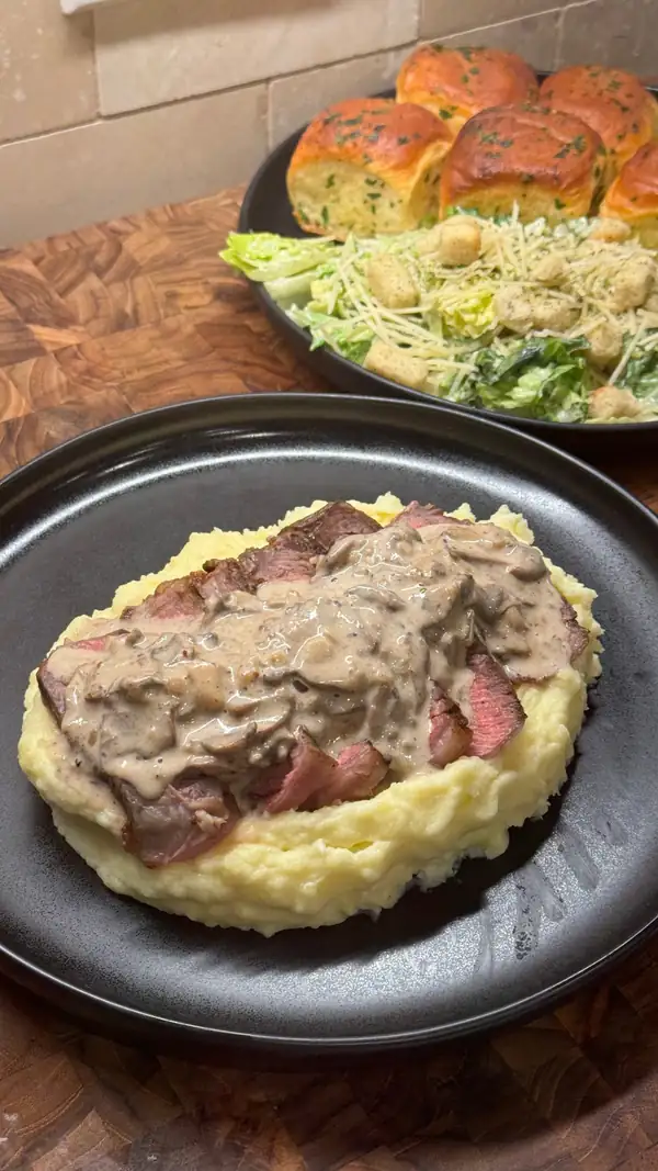 Ribeye Steak with Creamy Mushroom Sauce and Mashed Potatoes