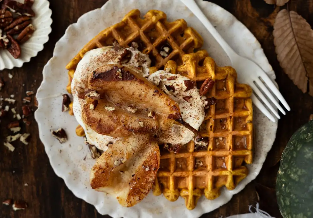 Recipe: Pumpkin waffles, plant-based yogurt and roasted pears