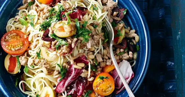 Colorful spaghetti and minced meat salad