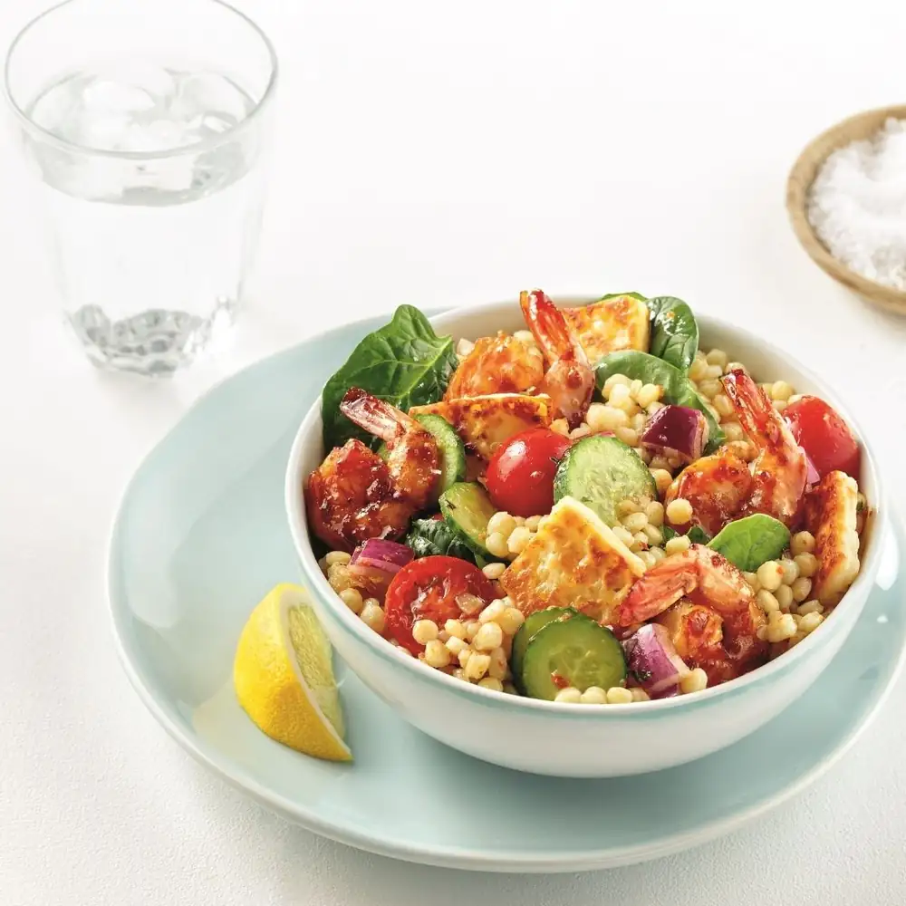 Pearl couscous salad with halloumi and honey shrimp