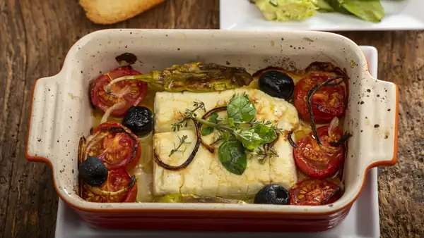 Baked feta with olives and tomatoes in 20 minutes