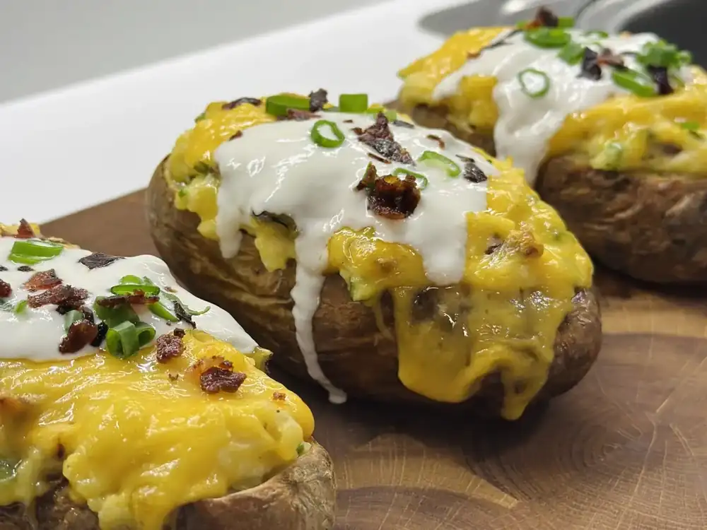 Stuffed Potatoes with Cheddar, Bacon and Crème Fresh (with Video)