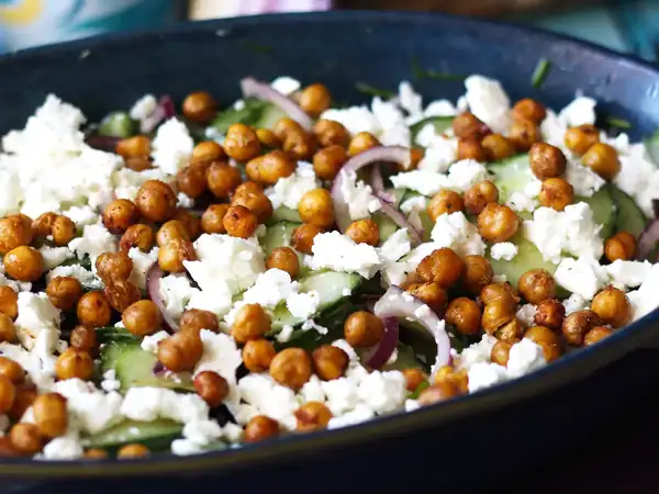Cucumber, roasted chickpea, avocado and feta salad