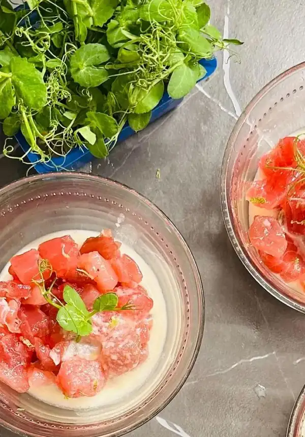 Tuna tartare, lime, buffalo mozzarella water and coconut