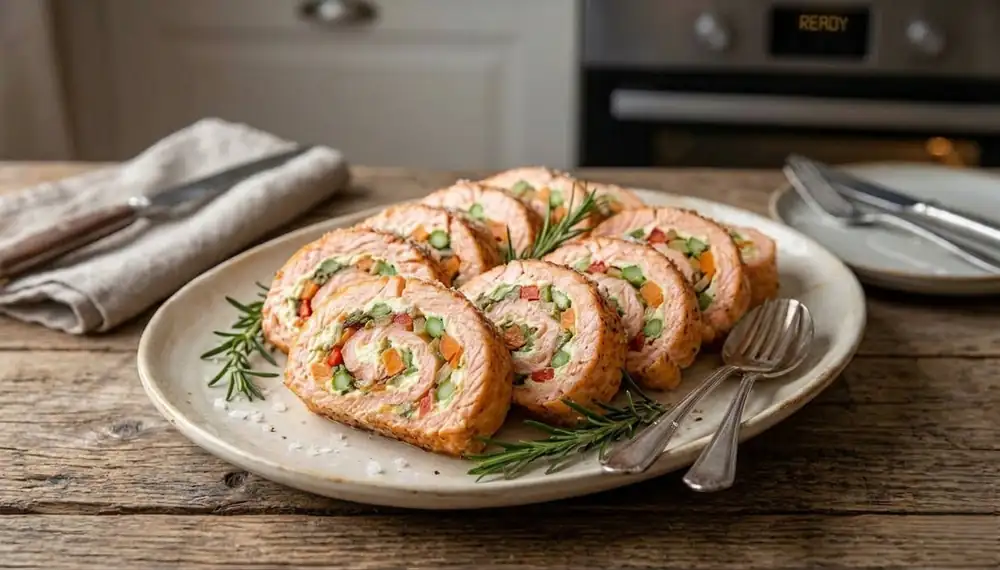 El salmón está relleno de verduras y hierbas: cada rebanada tiene algo más de lo habitual