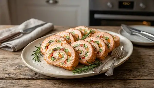 The salmon is filled with vegetables and herbs: each slice has something more than usual