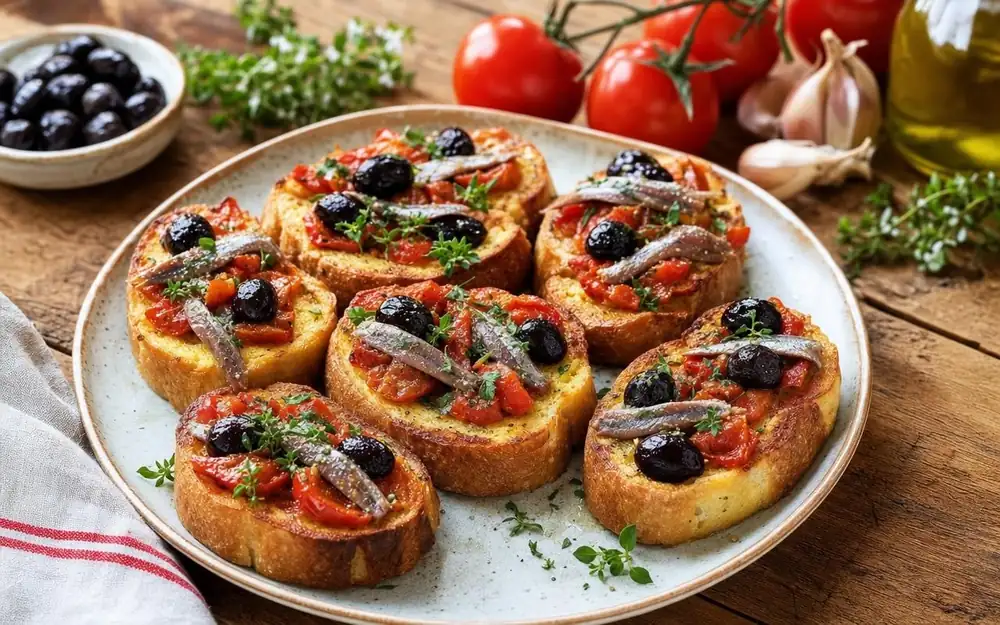 Pan duro: a la hora del aperitivo, estas mini tostadas francesas saladas con tomate, anchoas y aceitunas son un éxito asegurado