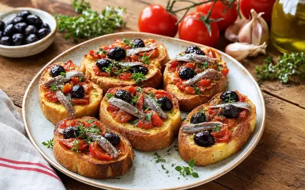 Pan duro: a la hora del aperitivo, estas mini tostadas francesas saladas con tomate, anchoas y aceitunas son un éxito asegurado