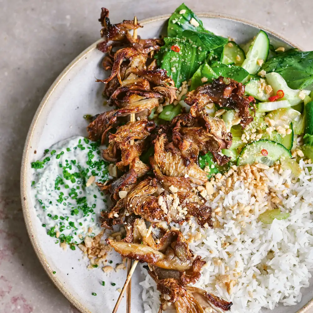 Crispy Oyster Mushroom Skewers With Bok Choy Salad