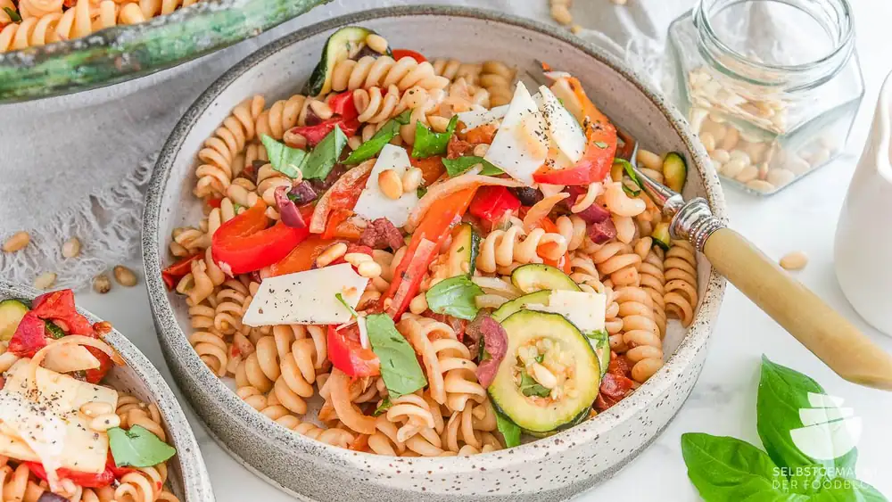 Mediterranean pasta salad with antipasti