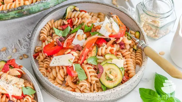 Mediterranean pasta salad with antipasti