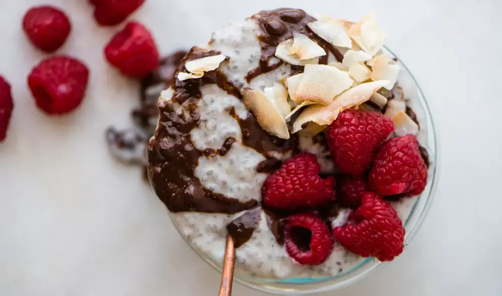 Banana tahini chia pudding with peanut butter chocolate sauce
