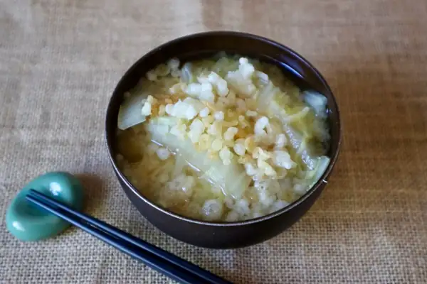Miso Soup with Napa Cabbage, Onion, and Tenkasu Tempura Bits