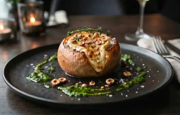 Onion stuffed with toma cheese, hazelnuts, and bagnet verd: a Piedmontese appetizer you wouldn't expect