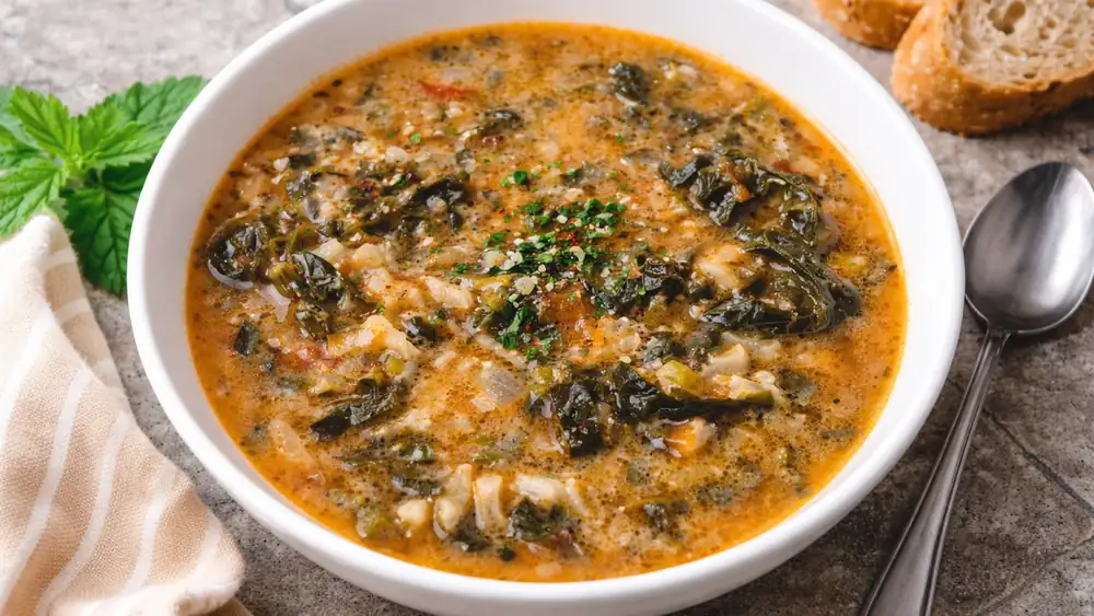 The most delicious nettle soup with rice and broth