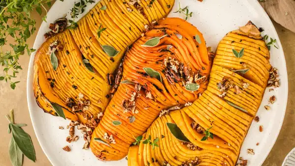 Hasselback Butternut Squash with Candied Pecans