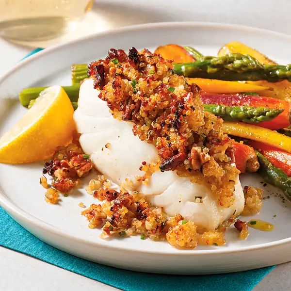 White fish in a quinoa, maple and pecan crust, air-fried