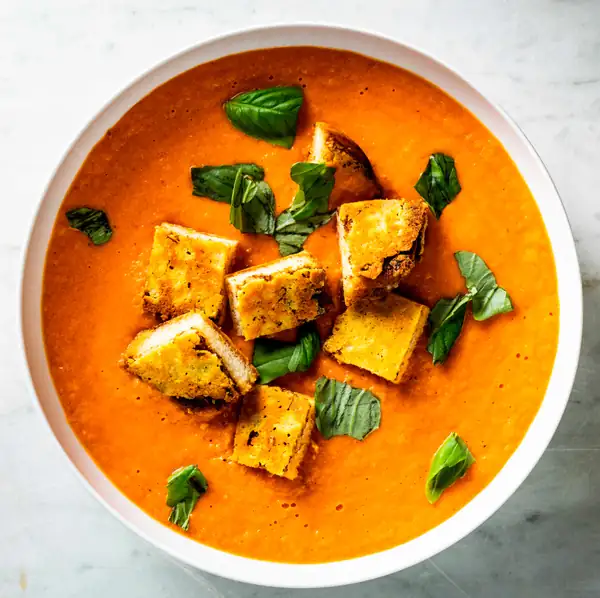 Roasted Tomato Soup with Crispy Cheddar Croutons