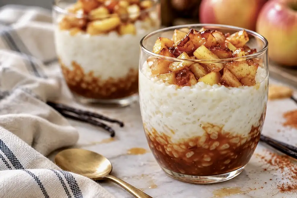 Creamy rice pudding with vanilla, apples and salted caramel
