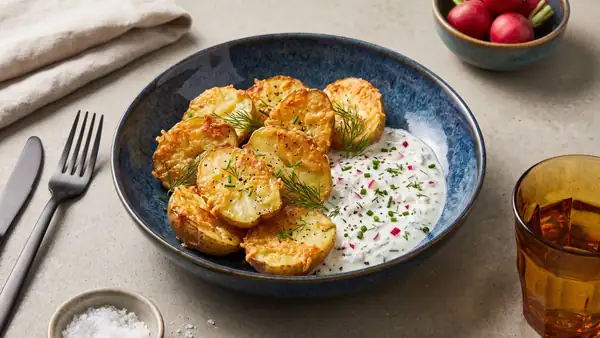 Golden-brown baked potatoes with a Parmesan crust and fresh radish dip